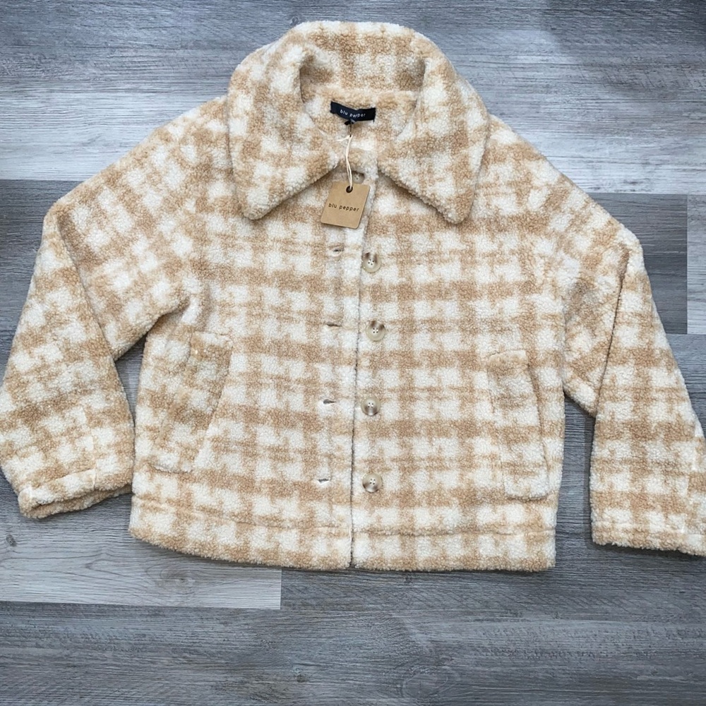 446 NWT Blu Pepper Houndstooth Teddy Jacket Sherpa Shacket Tan White Size M - Picture 4 of 8